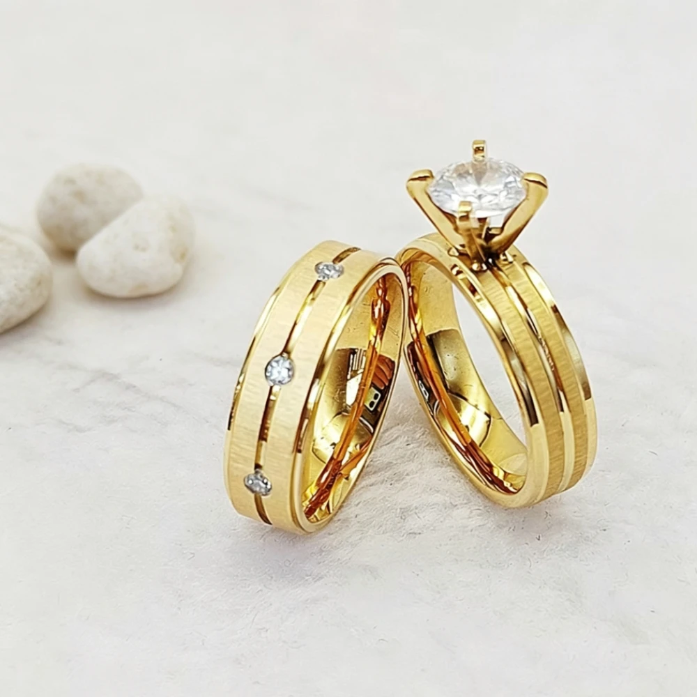 2 piezas de anillos de compromiso para mujer, conjuntos nupciales, acabado mate cepillado, chapado en oro de 24k, joyería, amor, compromiso, alianza