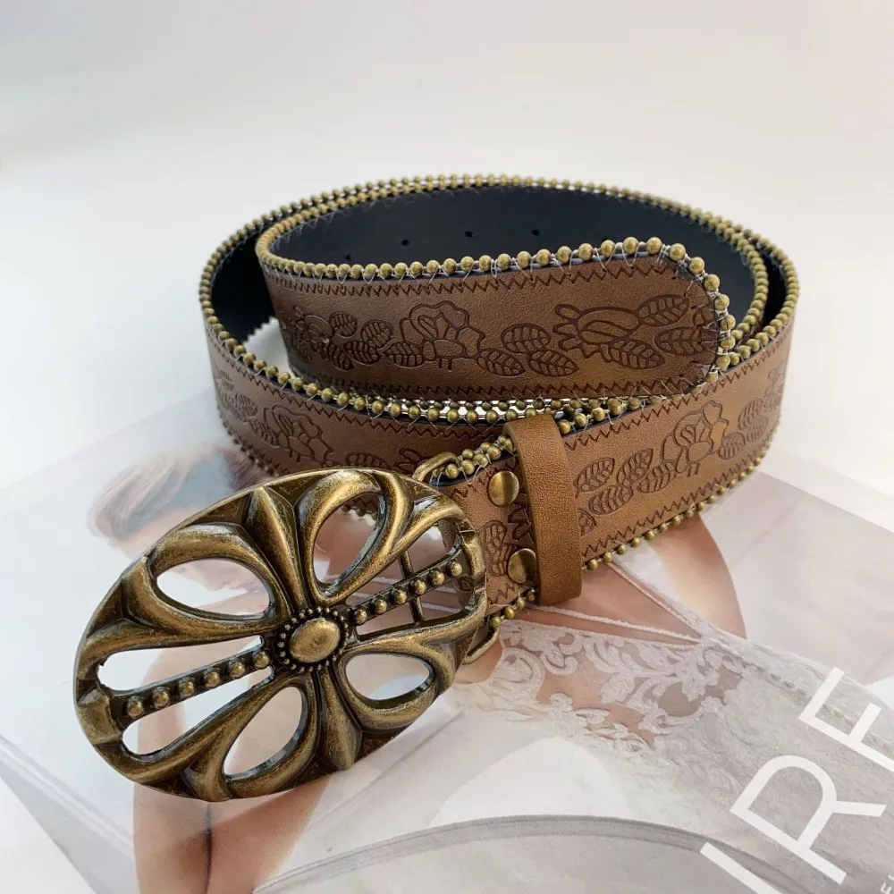 Modischer verstellbarer Damengürtel, Vintage-PU-Leder, Cowboy-Gürtel, brauner Boho-Western-Gürtel für Hosen, Kleider