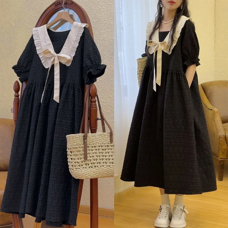 Summer College Style Sweet Cute Doll Collar Women Dress Casual Loose A-line Puff Sleeve Black Long Dresses for Girls Stuednts