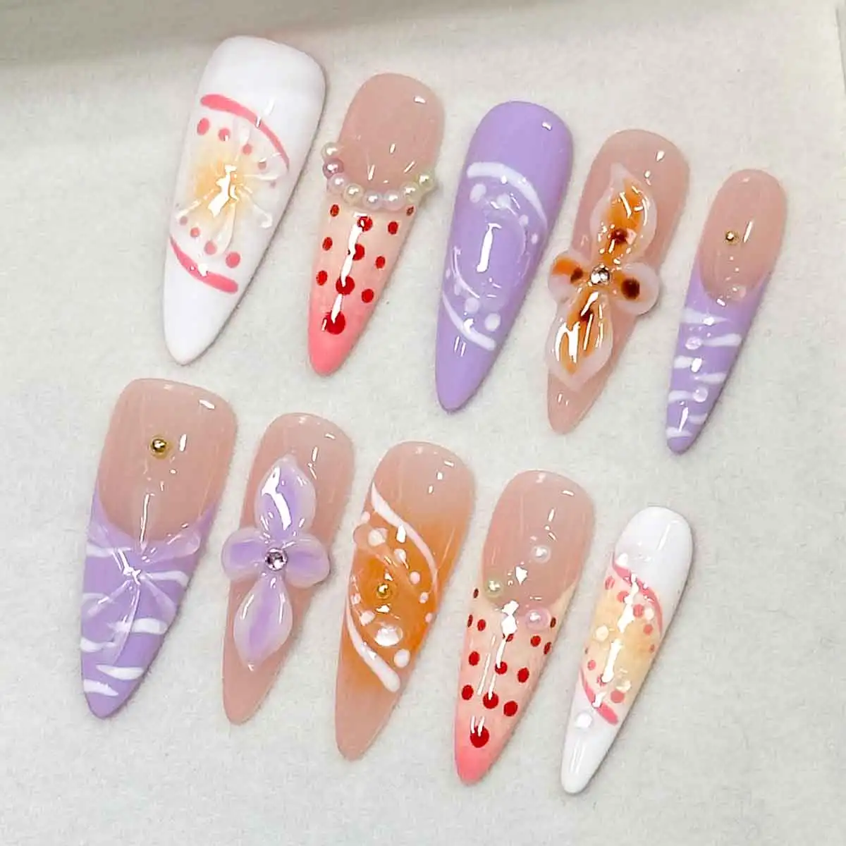 10pcs/Set Handmade Long Thin High-heeled Finger Nails ，Y2K Nails，Macaron French Hand-Painted Carved Pearl Decorated Fake Nails view 2