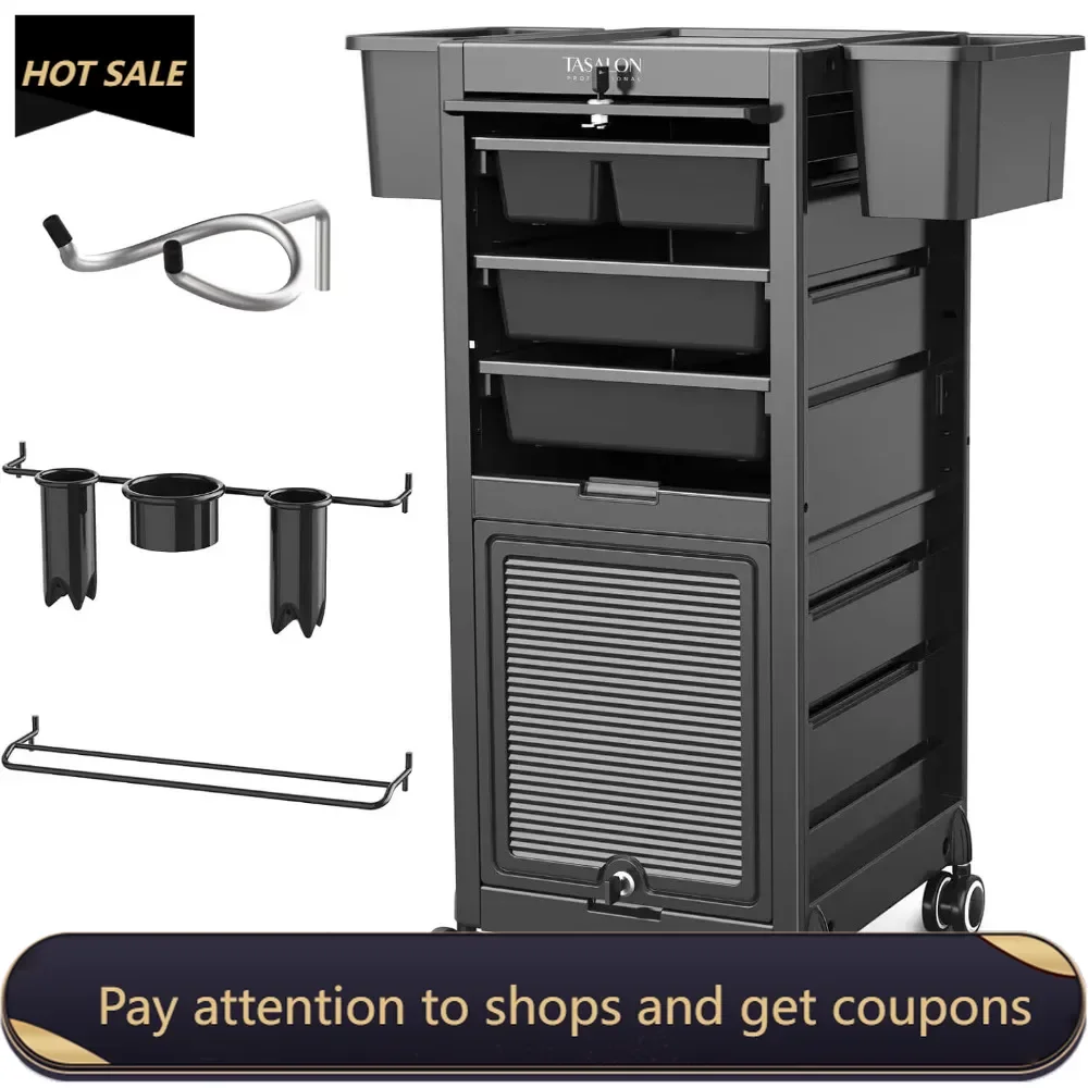 

Beauty Salon Cart - Lockable Salon Trolley Cart with 6 Drawers and Tool Holders, Salon Stations，Lock and Door, Black Tool Cart