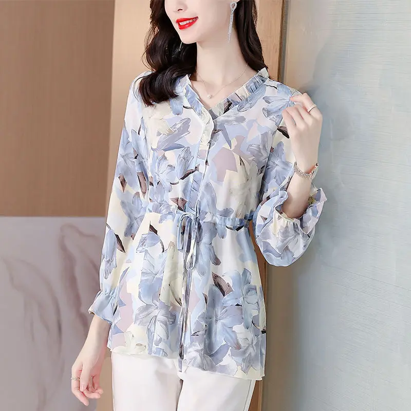 Pastoral Style Floral Printed Blouse Spring Autumn Elegant V-Neck Women's Clothing Commute Casual Slim Fashion Drawstring Shirt