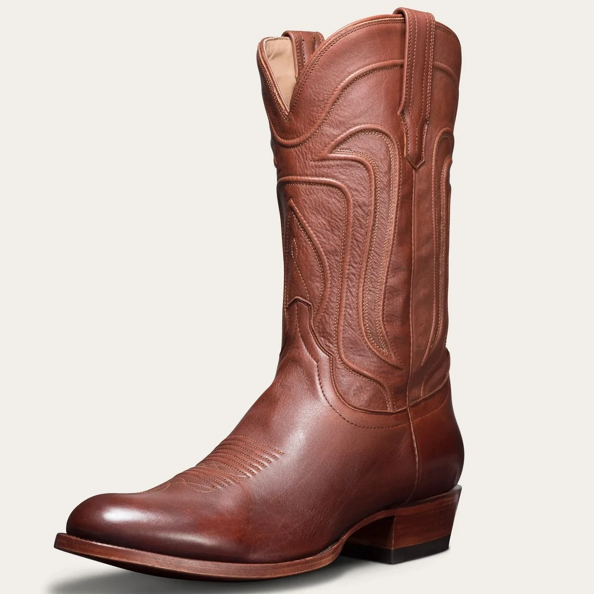 Men's Brown Leather Embroidered Western Cowboy Boots Pointed Toe Block Heel Mid-Calf Boot Vintage Country Boots for Daily Wear