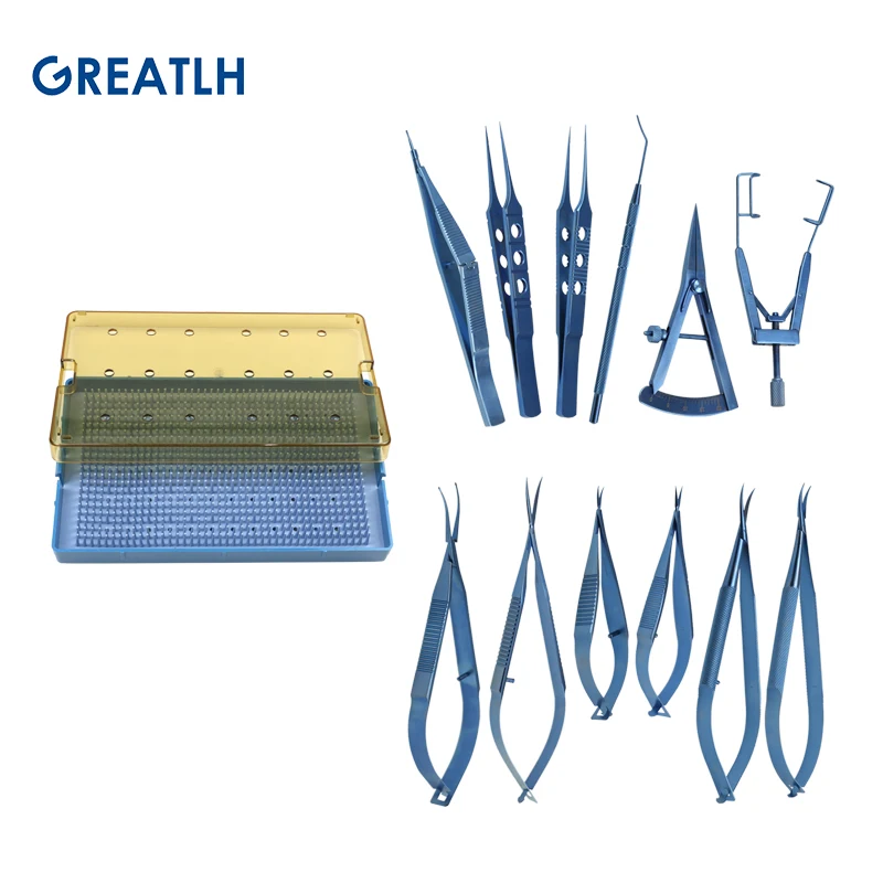 

13pcs Titanium Alloy Ophthalmic Tools Set Corneal Scissors Lieberman Eye Speculums Instrument Disinfection Tray Box