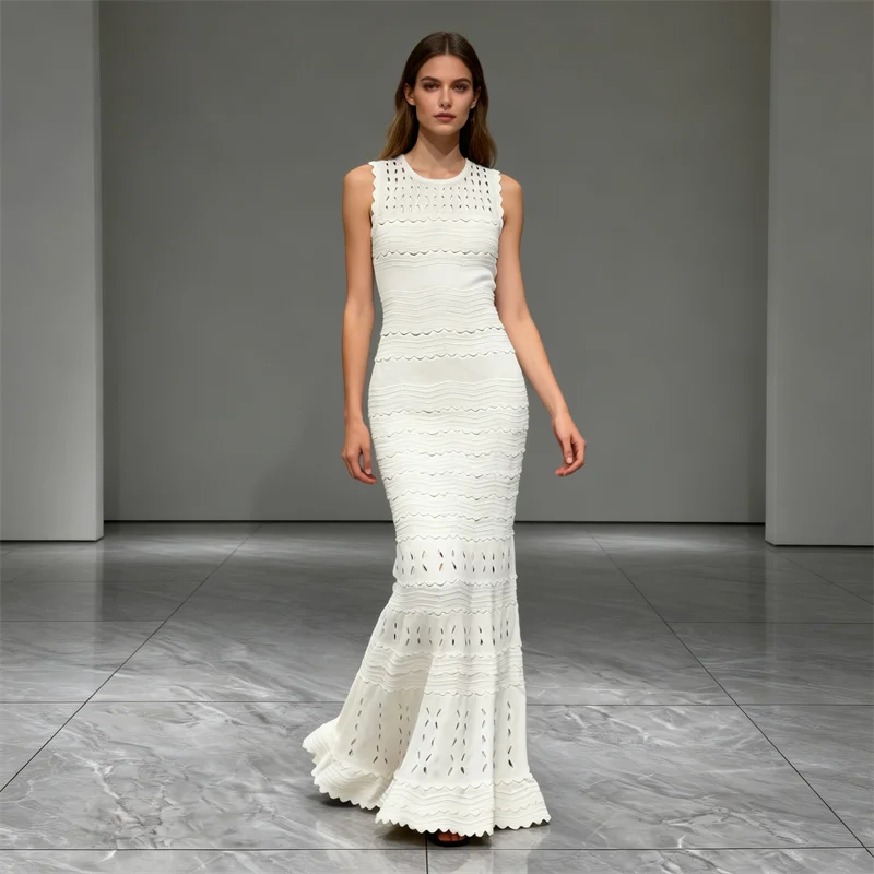 French High Quality Women's Hydrangea Crochet High Elastic Wave Cut Hollow Round Neck Sleeveless Knitted Vest Long Dress