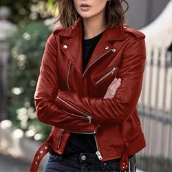 Women Fashion Faux Leather Jacket Female Moto Biker Jackets 2022 Long Sleeve Zipper Fit Leather Coat Fall Short Ladies Jacket