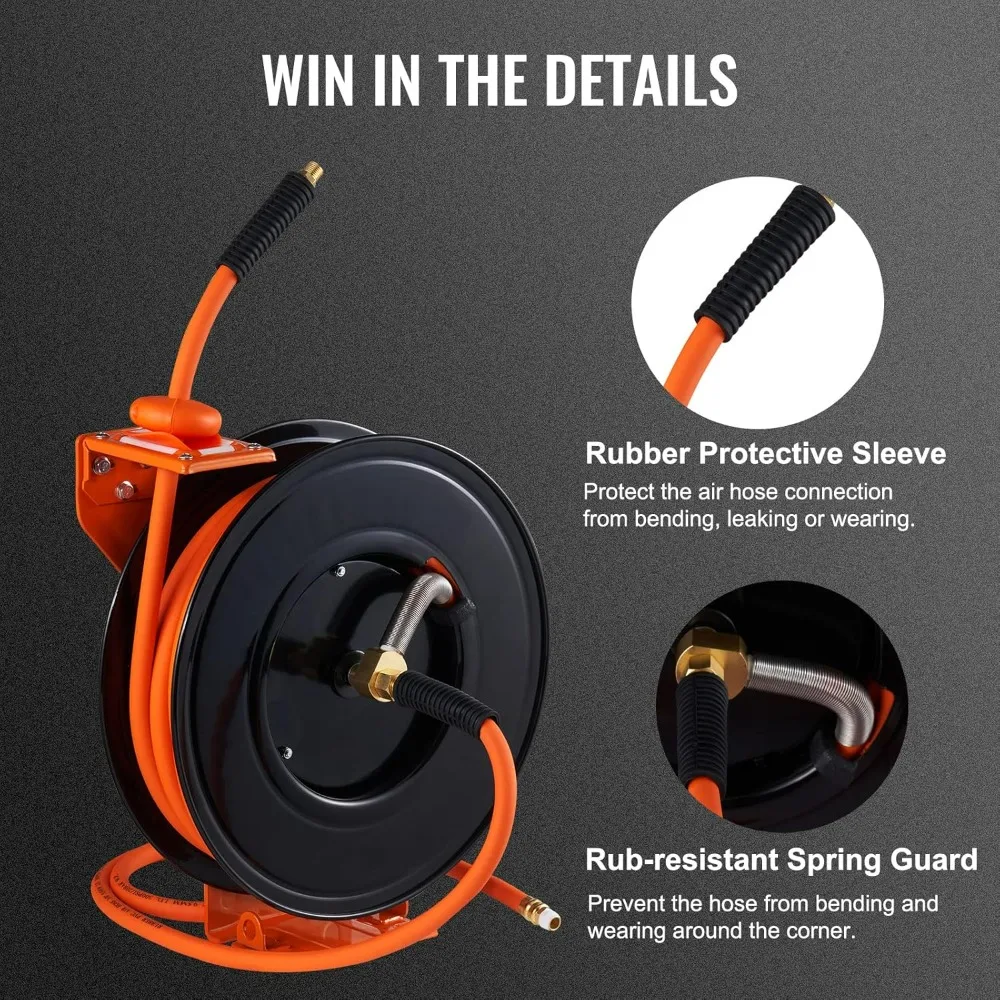 VEVOR Carretel Retrátil para Mangueira de Ar 3/8\" x 50 Pés, Mangueira Híbrida 300PSI, com 5 Pés de Mangueira de Conexão e Carretel de Aço de Braço Único para Montagem em Teto ou Parede