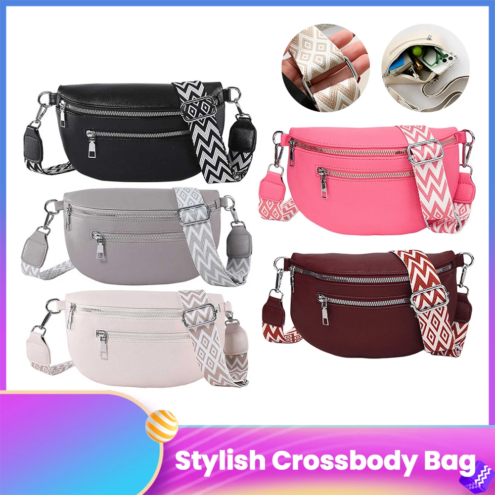 

Women Stylish Crossbody Bag with Wide Strap Retro Fanny Pack Multi-pocket Fashion Sling Bag Travel Outdoor Bag