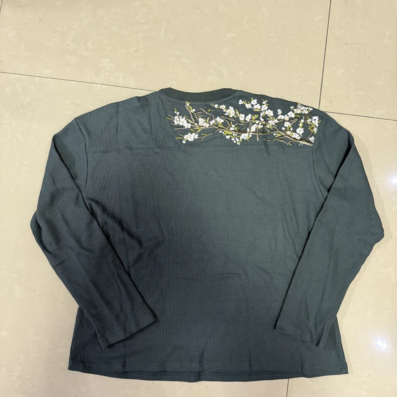 American Style Trend Derschutze Long-sleeve Tee High Street Waffle Fabric Embroidered Cherry Blossom T-shirt