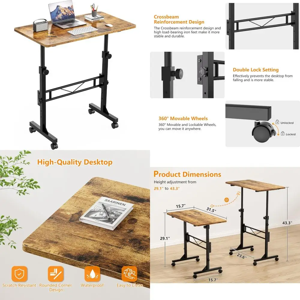 مكتب محمول بارتفاع قابل للتعديل مقاس 32 بوصة للمكتب المنزلي، مكتب صغير للجلوس مع عجلات لبيئة العمل المريحة #1