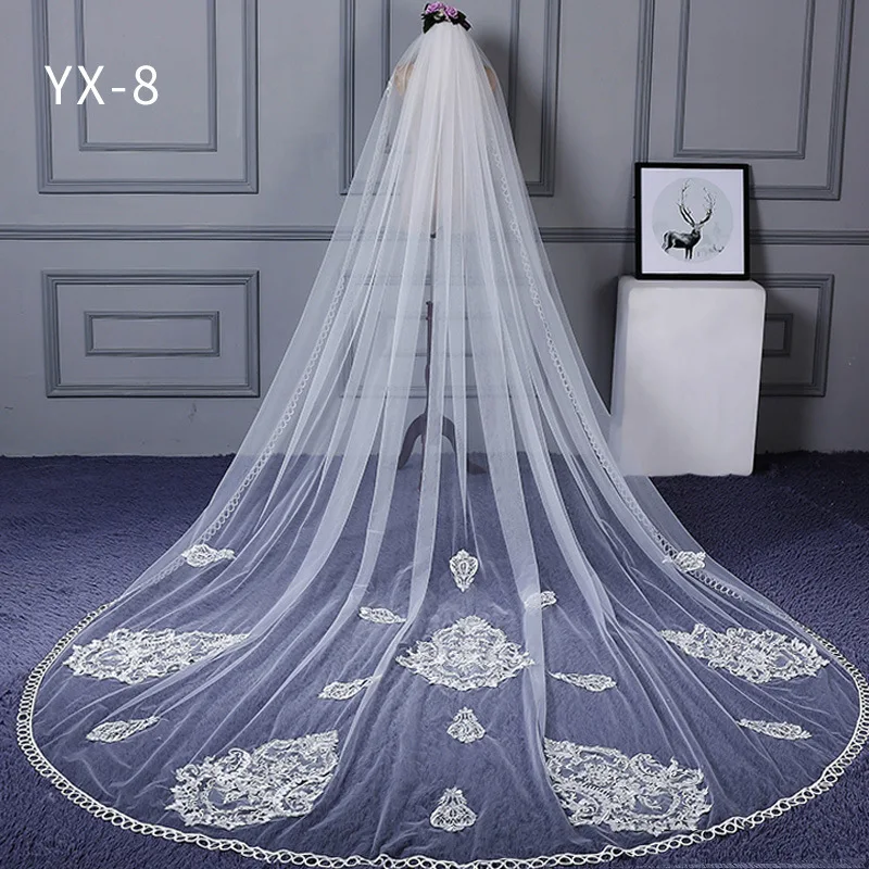 

Real Photos New Applique Long Cathedral Wedding Veil Lace Edge 350cm Length Bridal Veil Bride Headpiece Wedding Accessories