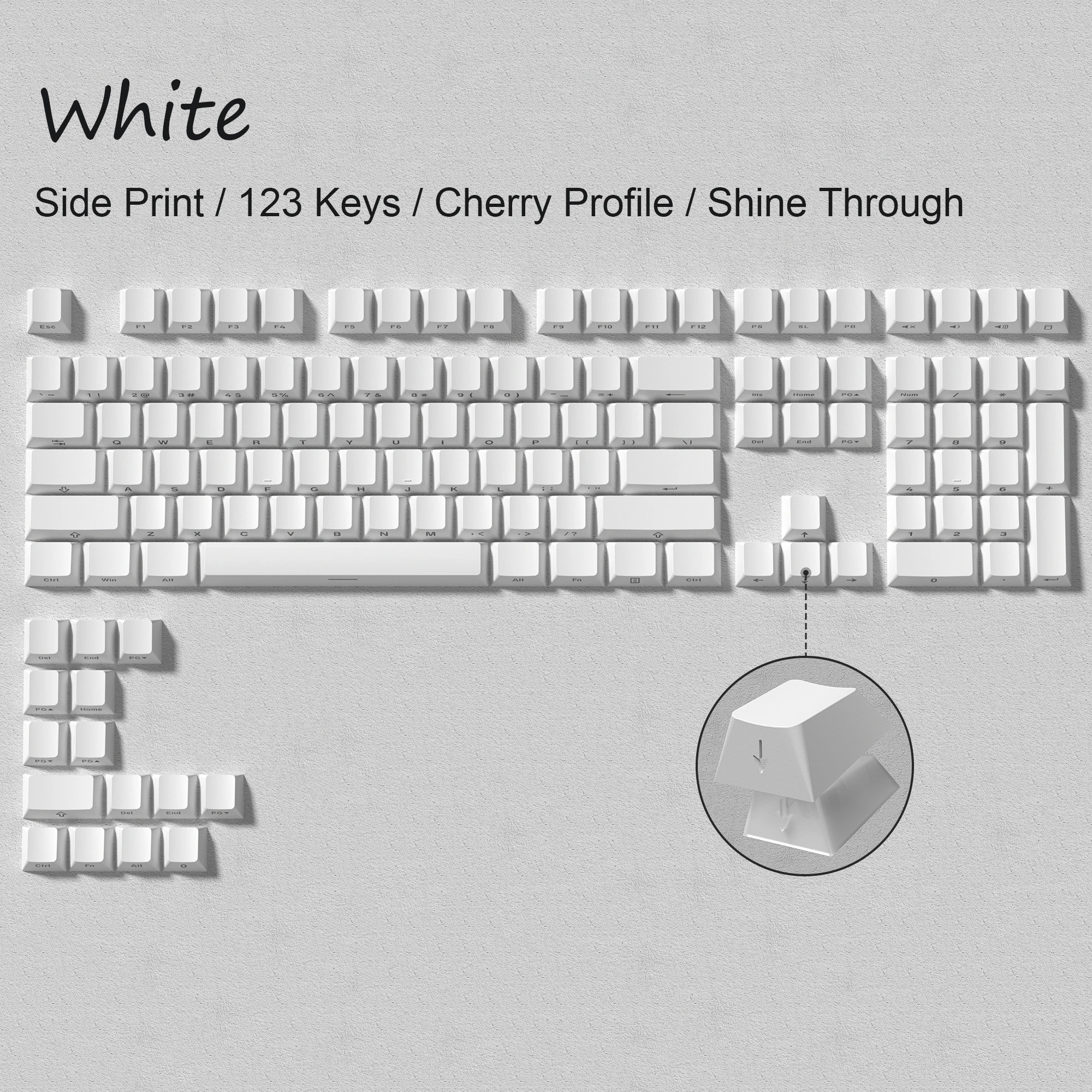 Cherry Profile PBT Keycaps White Side Printed Double Shot Shine Through Keycaps 123 Keys for MX Switches Mechanical Keyboards