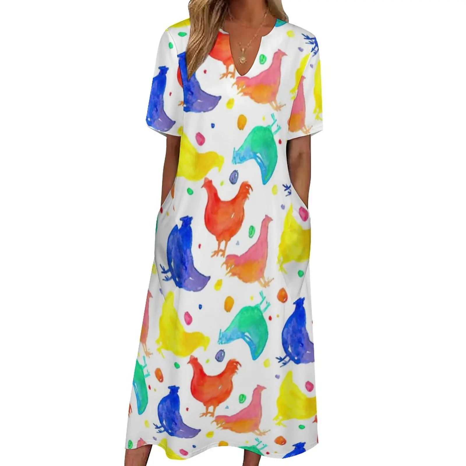 Colorful Chicken Dress Watercolor Animal Print Elegant Maxi Dress Street Fashion Bohemia Long Dresses V Neck Graphic Vestidos