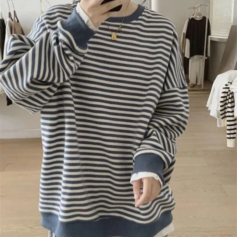 Autumn and Winter Women's Round Neck Stripe Contrast Color Fake Two Pieces Loose Pullers All-match Fashion Casual Korean Tops