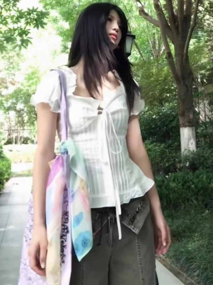 

Y2k Aesthetic Ladies Hollow Out Bandage Blouses Harajuku Vintage Grunge Slim Fit Shirt Women Lace Patchwork Sweet Cropped Tops