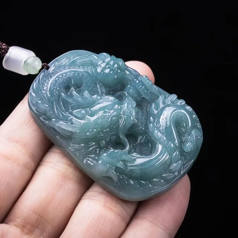 Natural A-grade jadeite blue water domineering dragon brand atmospheric ice jade men's pendant women's domineering jade pendant