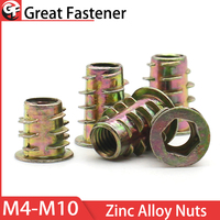 10-50pcs  M4 M5 M6 M8 M10 Zinc Alloy Thread For Wood Insert Nut Flanged Hex Drive Head Furniture Nuts Woodworking