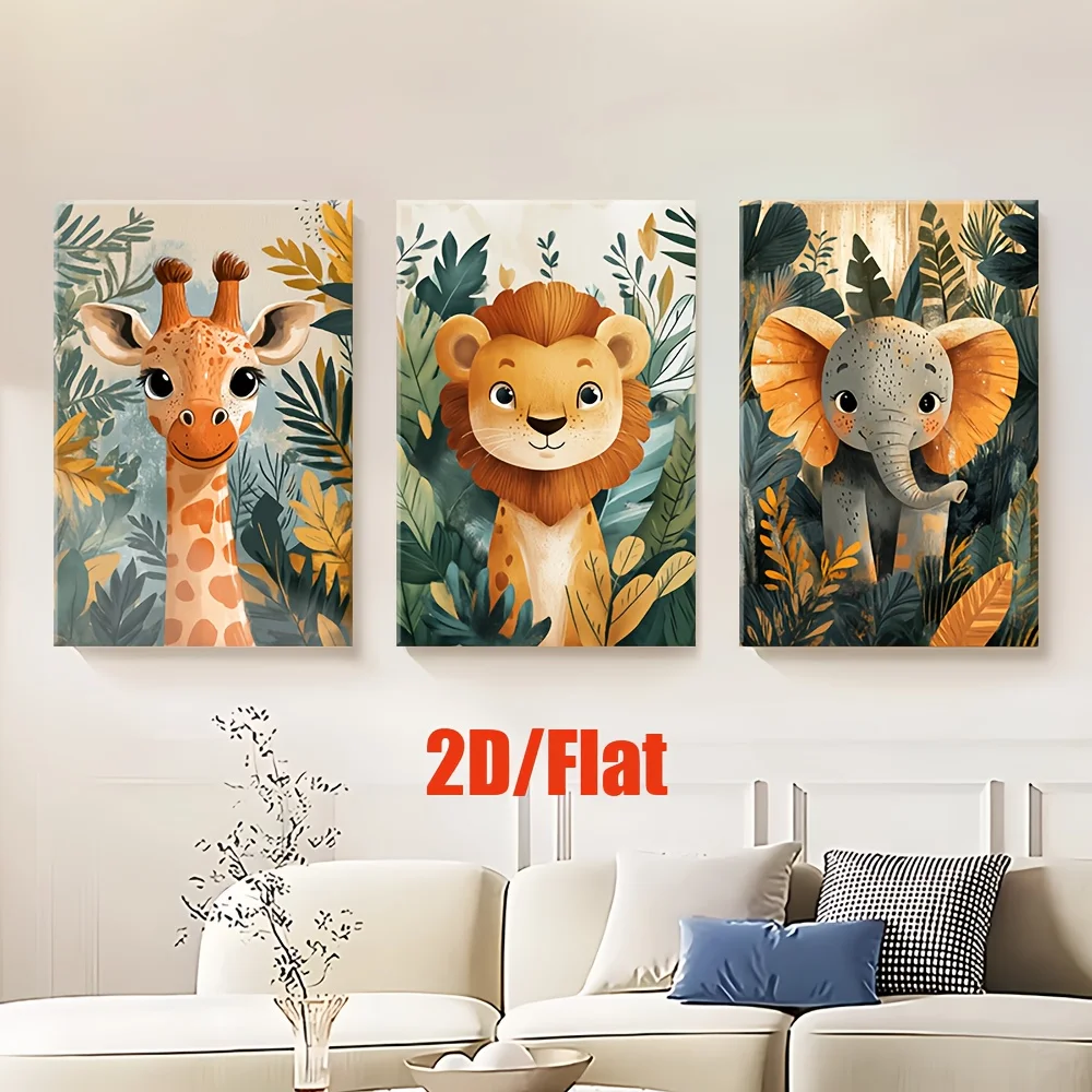（NoFrame 3PCS）-3pcs/set, 2D/Flat Frameless canvas painting, Cute giraffes, lions, elephants, Mixed Painting, living room, off