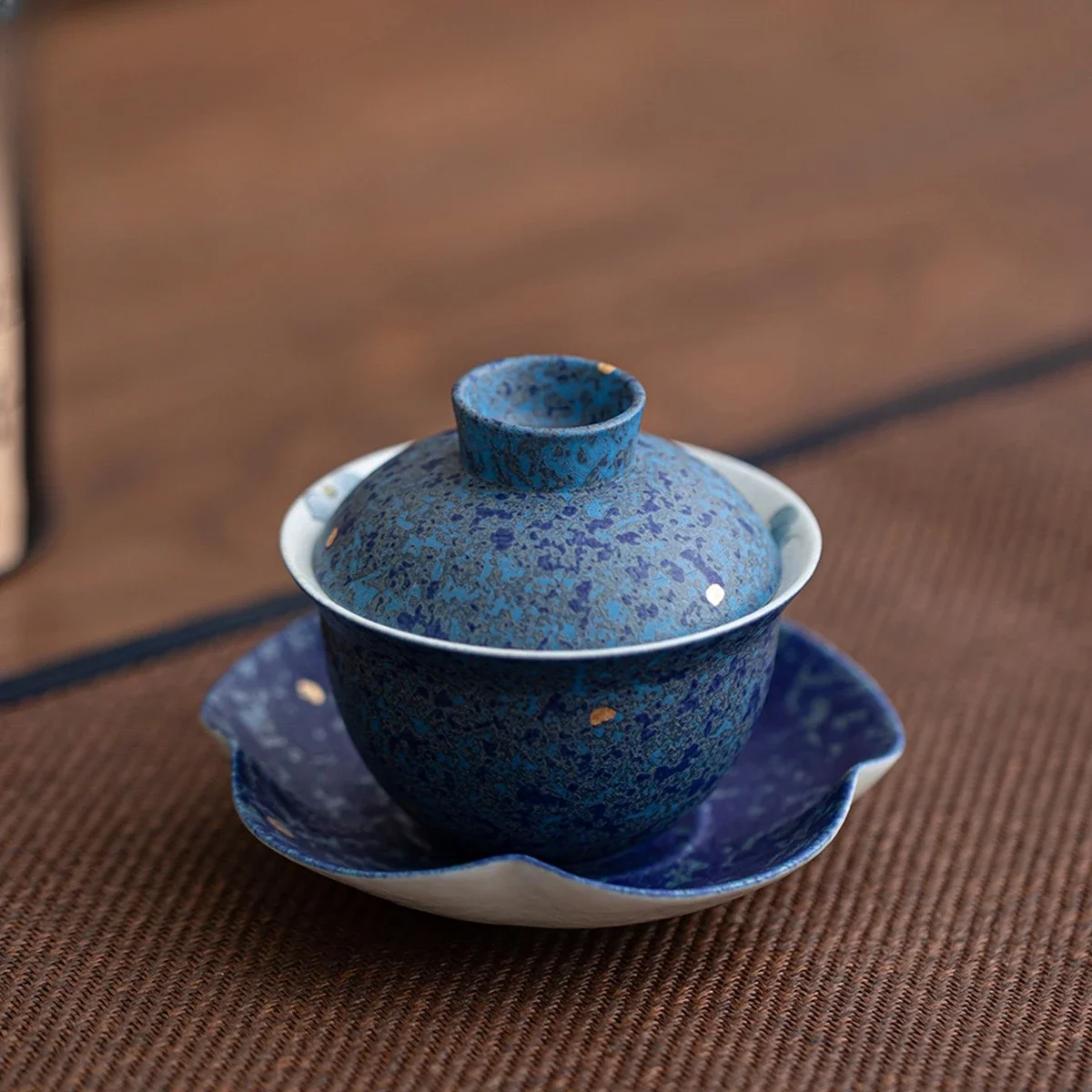 1PC Sapphire Blue Sprinkling Gold Hand-painted Purple Butterfly Cover Bowl Tea Brewer Household KungFu TeaSet Teacup Master Cup