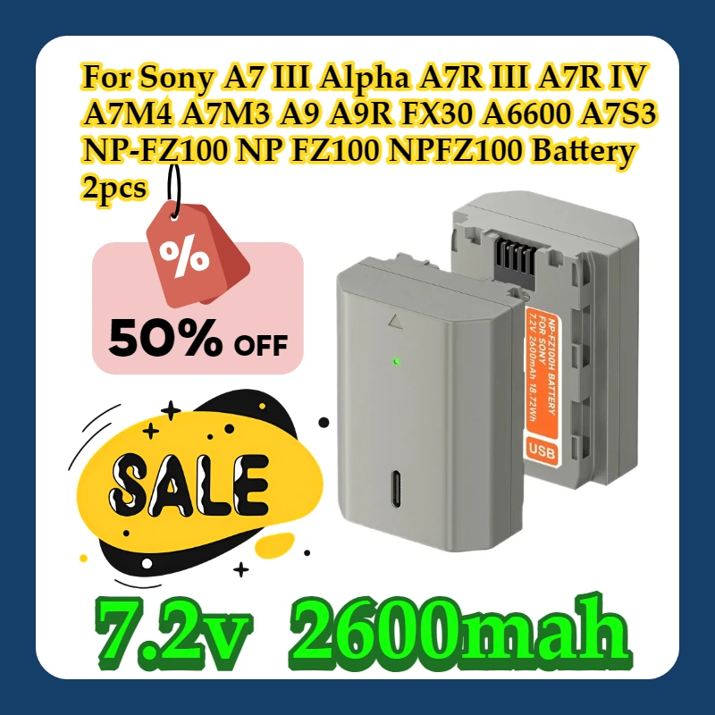 

For Sony A7 III Alpha A7R III A7R IV A7M4 A7M3 A9 A9R FX30 A6600 A7S3 NP-FZ100 NP FZ100 NPFZ100 Battery 2pcs
