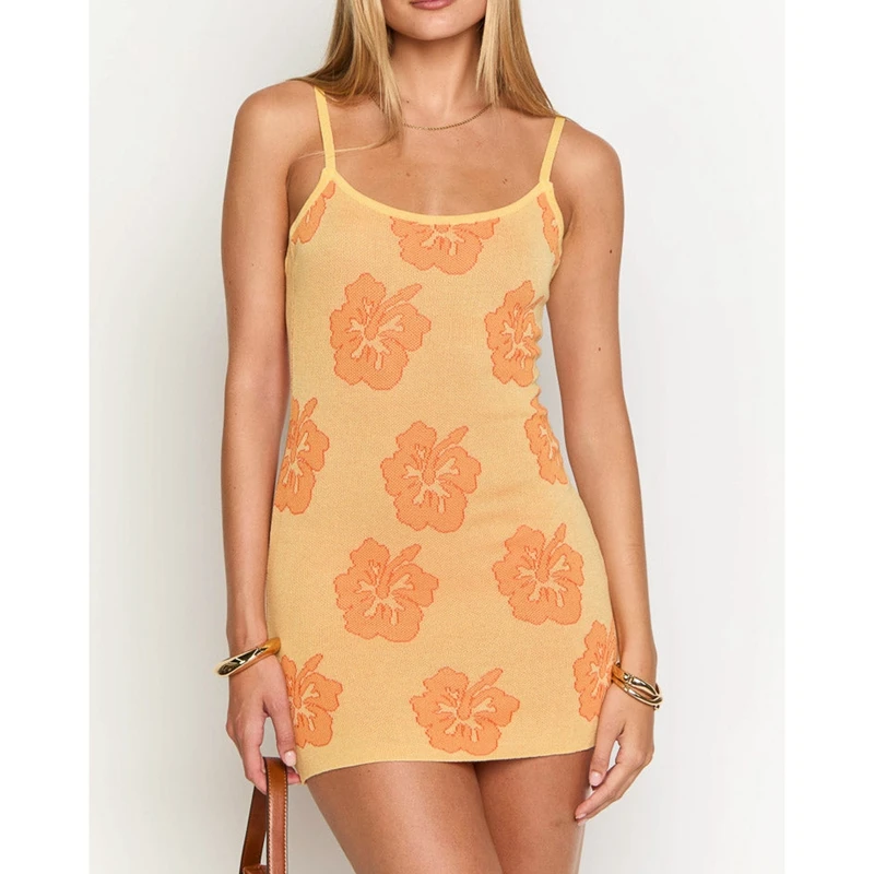 Combhasaki Donna Y2K Estetica Stampa floreale Regolabile Sottile Spalline senza maniche Estate Maglia Corta Mini Abito a tubino Cami