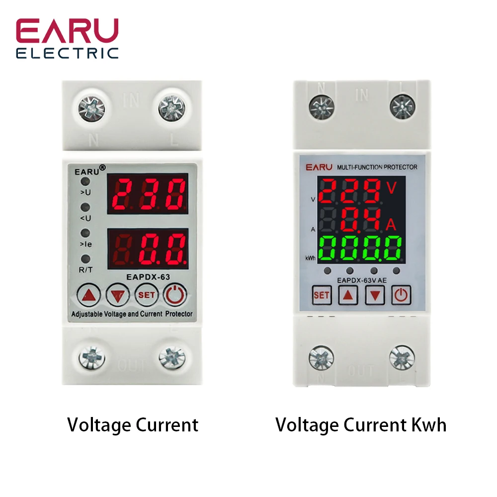 40A 63A 230V Din Rail Adjustable Over Voltage And Under Voltage Protective Device Protector Relay Over Current Protection Limit 