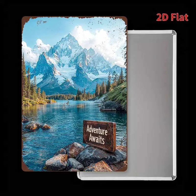 مسطح ثنائي الأبعاد، قطعة واحدة من لافتة معدنية عتيقة ثنائية الأبعاد، "مغامرة بحيرة جبل ثلجية - زخرفة لوحة من القصدير"، مثالية للمنزل، غرفة المعيشة