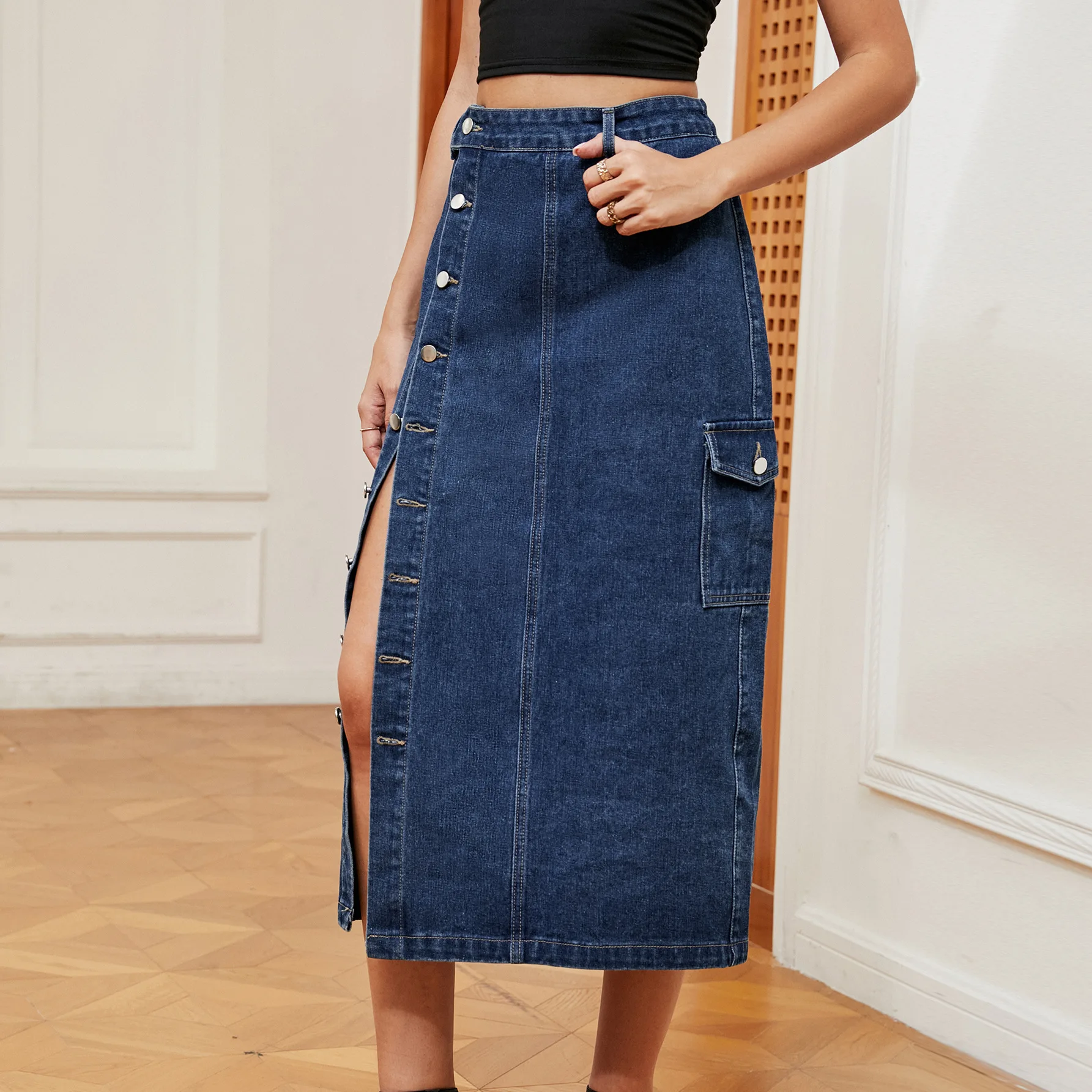 Side Pocket Single-breasted Splicing Denim Skirt Women Half-body Dress Female Office Commuter Casual Half Elastic Half Skirt