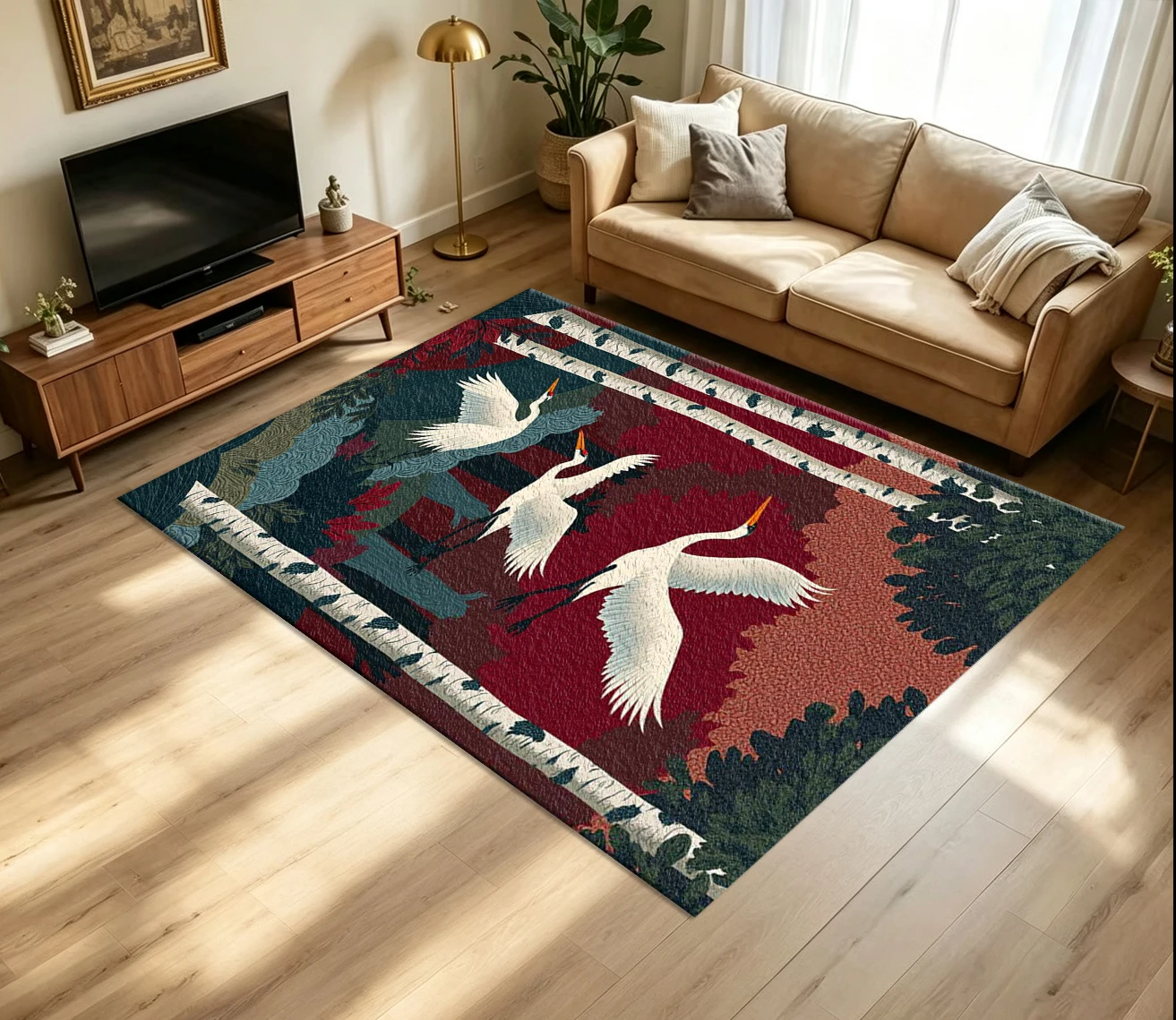 Vintage Red Background Crane Bird Carpet Flooring Art Style White Cranes Birch Tree Forest Nature Scenery Printed Floor Rug for Household Indoor Art Home Decoration