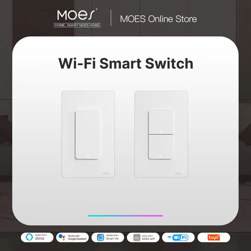 Imagen 1 del producto MOES-interruptor de luz inteligente con wifi para el hogar, pulsador de pared de un solo polo, funciona con Alexa, Google Home, cable neutro requerido