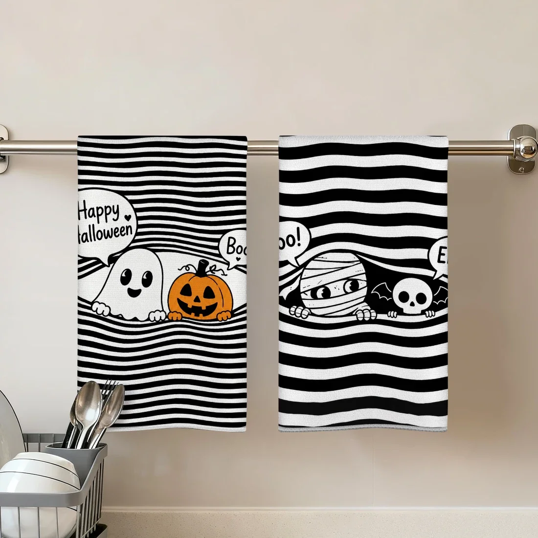 2pcs Set Kitchen Towels Black And White Halloween Ghost DesignHand Towels Christmas Decorations For Home Noel Dish Towels Gifts