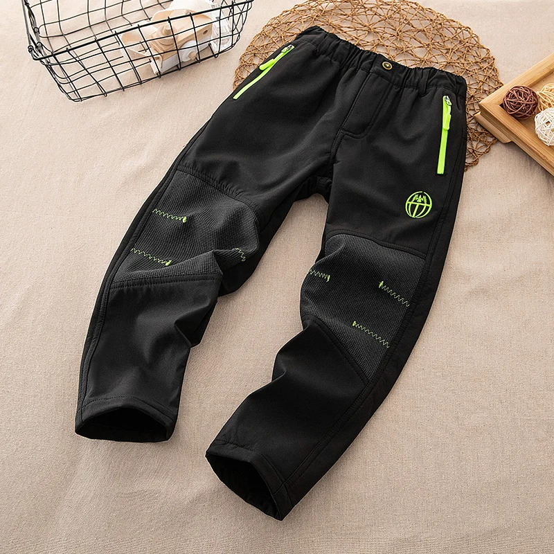 Kids Fleece Lined Elastic Waist Pull On Hiking Snow Ski Pants Waterproof Winter Warm Pants with Zippered Pocket