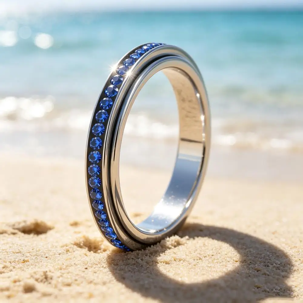 3MM Wide Rotating Blue Rhinestone Stainless Steel Spinner Rings For Women Men Female Male Thin Finger Wedding Bands Jewelry