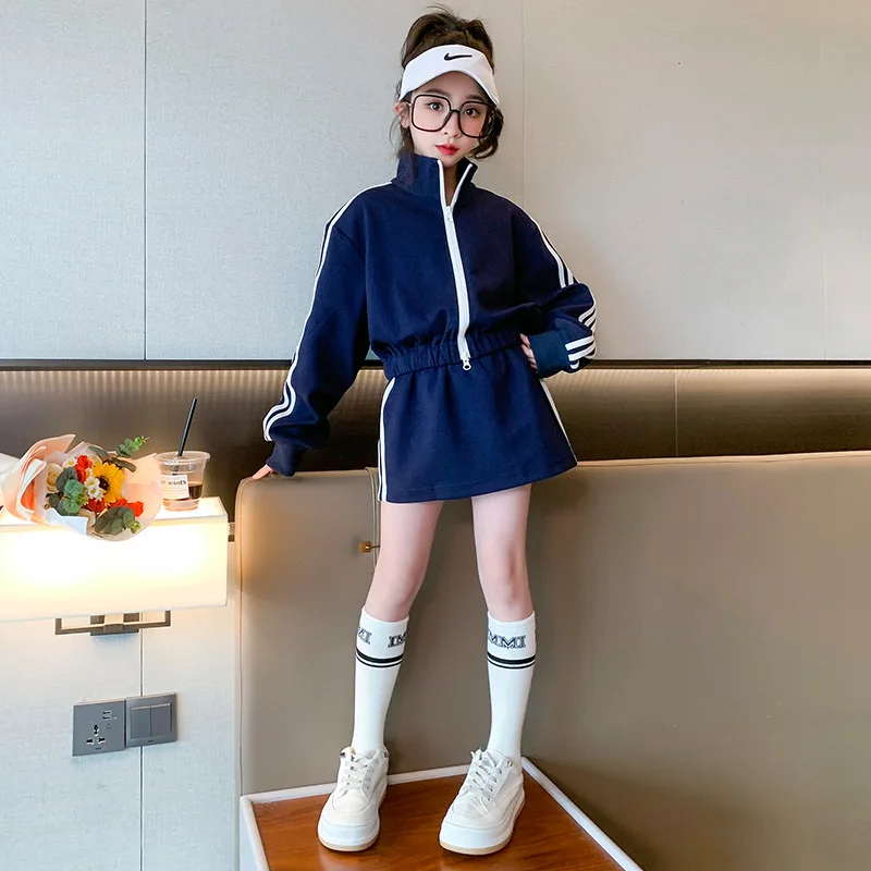 Fashion spring teenage girls Sports clothes Set Baseball jacket+High Waist A-line Half Body 2pcs 12 14 15 children kids outfit