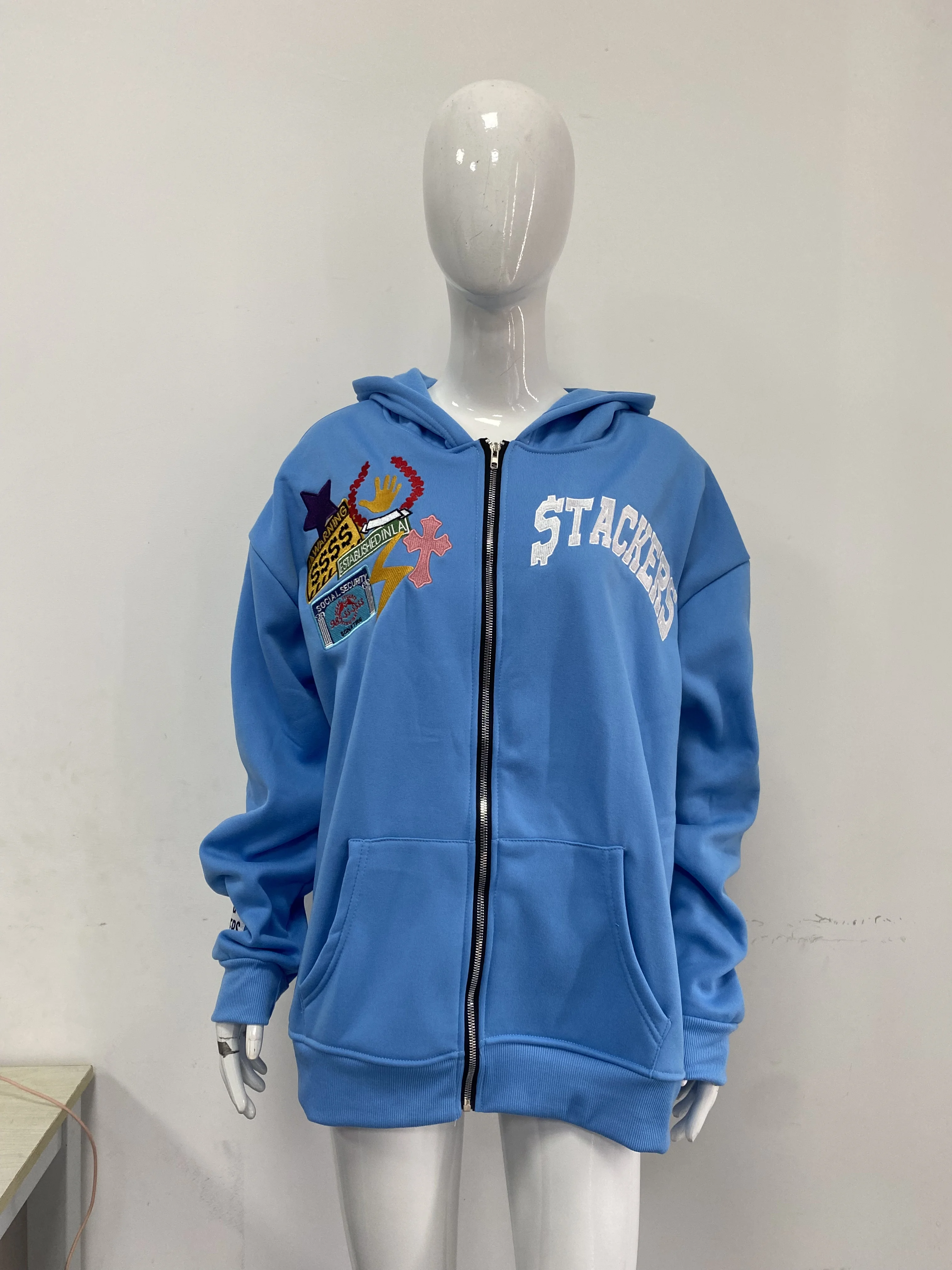 

Casual loose warm jacket with printed embroidery retro letters Harajuku style hooded sweatshirt for men and women