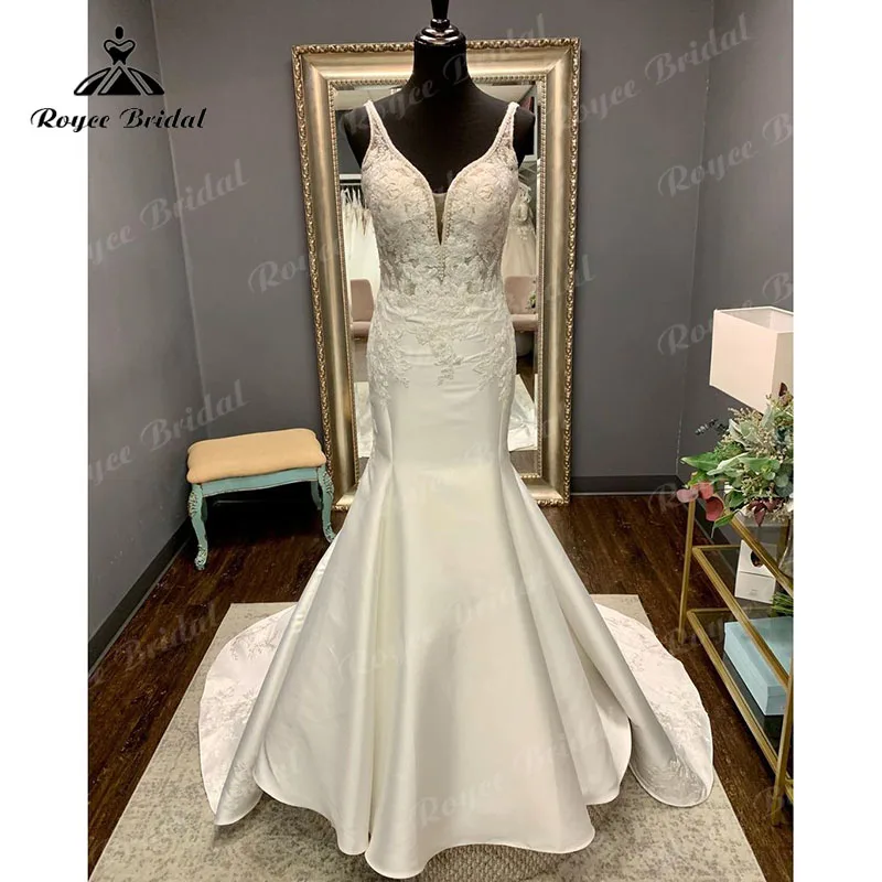 Boho V-hals Backless Kant Applicaties Spaghettibandjes Mermaid/Trompet Trouwjurk 2023 Vintage Gewaad Civiele Vrouwen Beach Bridal