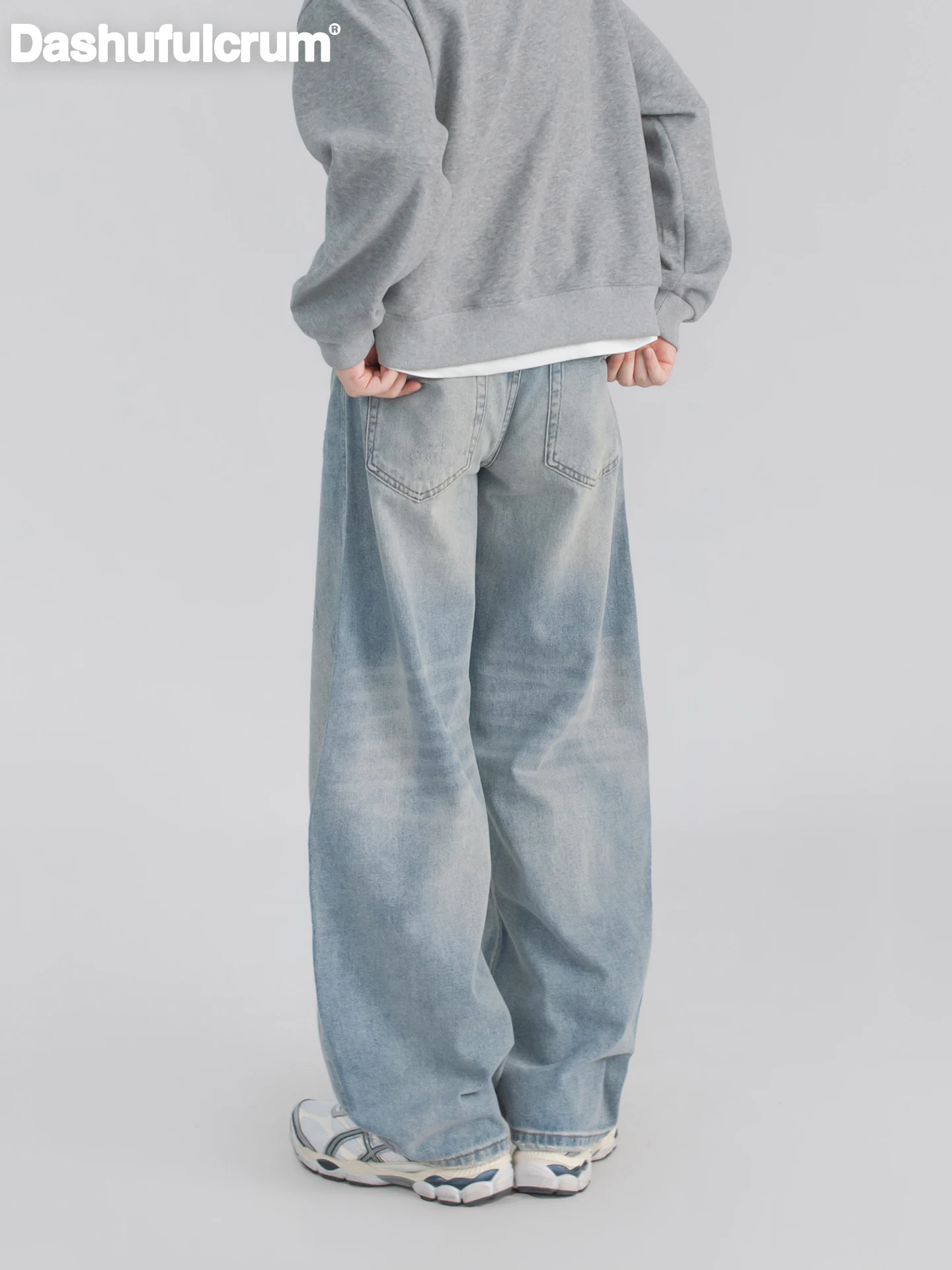 Calça Jeans Dashufulcrum Americana Retrô Azul Lavado com Perna Reta para Homens e Mulheres, Casual, Perna Larga, Cintura Alta...