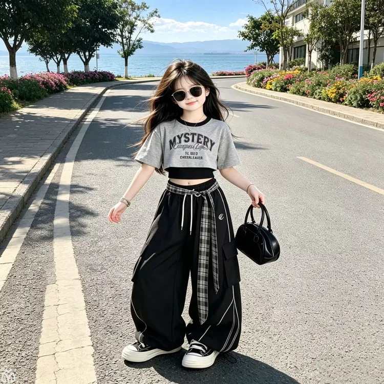 Summer Chic Teen Girls Sport Pants Set Kids Cotton Vest T-shirt Junior Child Casual Clothes Outfits Top Wide-leg Pants Suit