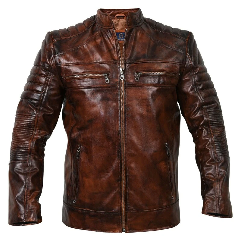 Best Selling Men's Genuine Cow Hide Real Leather Jacket Brown Quilted Coat