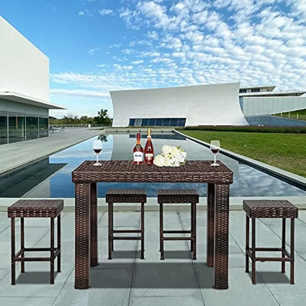 

5-piece terrace rattan dining table stool, 4-piece wicker bar stool and bar table, outdoor terrace wicker bar dining table stool