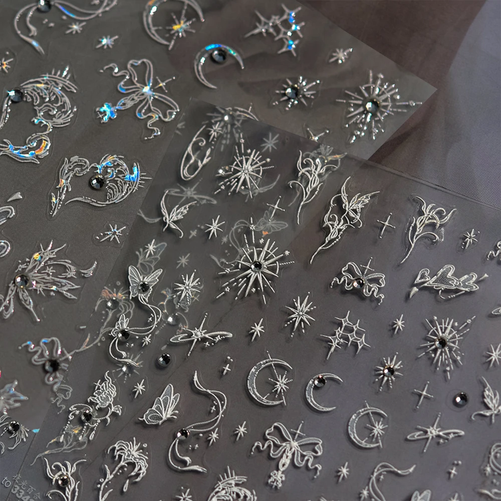 

1sheet 5D Diamond Cross Star Moon Butterfly Nail Sticker Luxury Glitter Crystal Blue Bow Lily Nail Decora Decals DIY Accessories