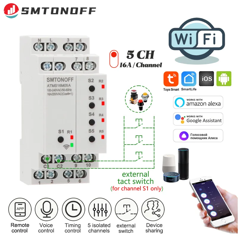 Tuya WIFI 5 isolated channels 5 gang smart switch Without Extension switch Smart Timer Remote Control Voice control