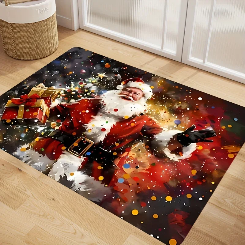 Festive Holiday Floor Mat Vivid Santa Claus Holding Gift Boxes Christmas Confetti Art Graphic Decor Rug for Home Entryway Space