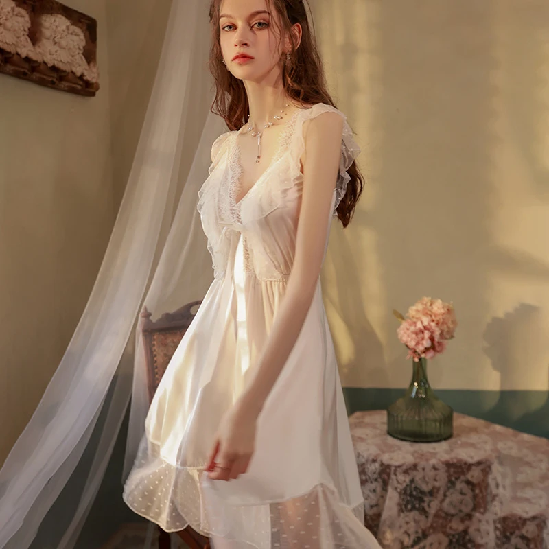 Sexy Women'S Summer Pajamas, Ice Silk Home Wear, Pure Lust Style, Lace Seductive Camisole Nightdress Set