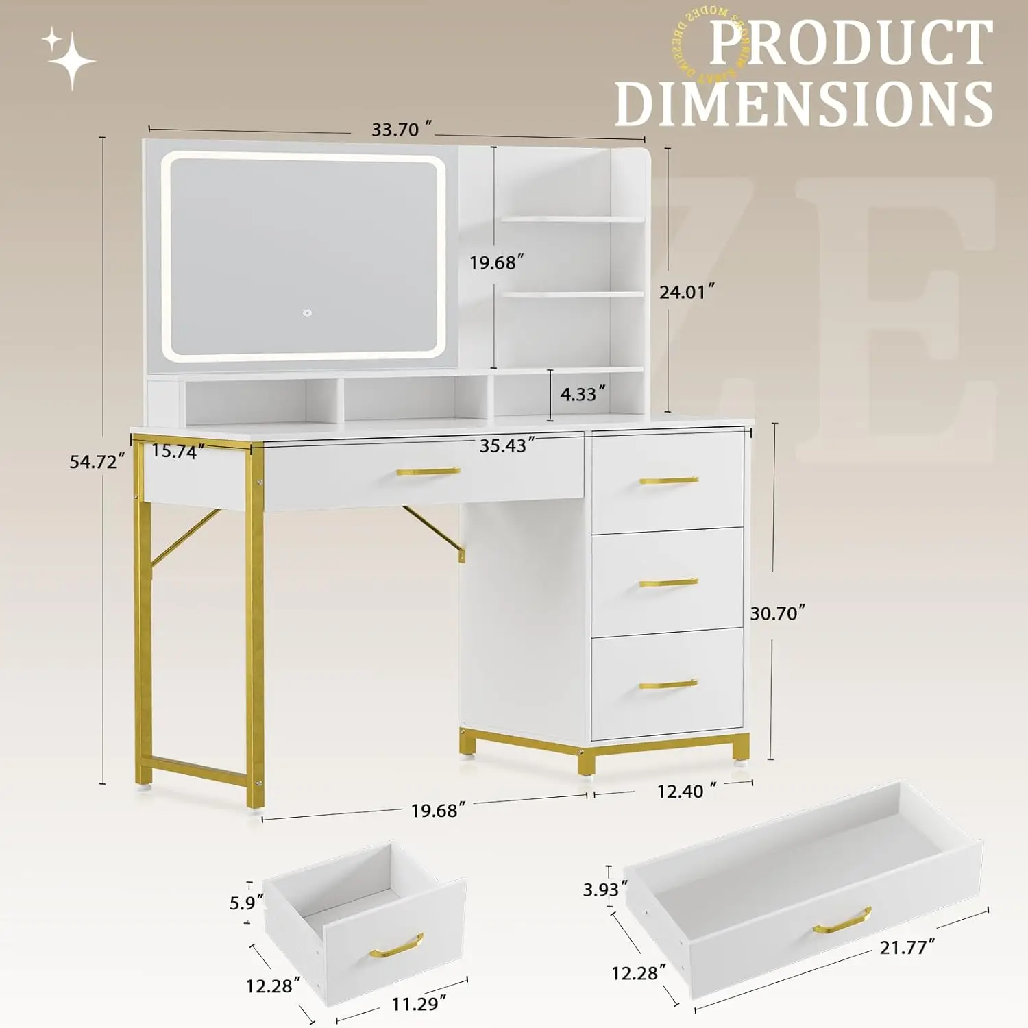 Makeup Vanity Desk with Lighted Mirror, 4 Drawers and Storage Shelves, 3 Color Modes, Adjustable Brightness, Pearl White