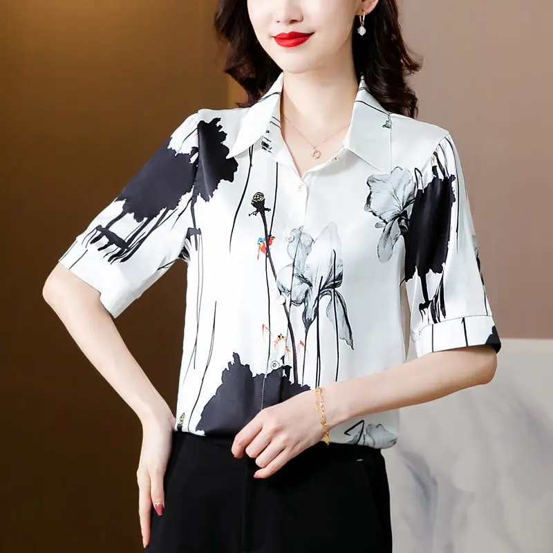 Women Clothing Silk Flower Print Vintage Button Shirts Summer Elegant Fashion Office Lady Blouse Simple Casual Short Sleeve Tops