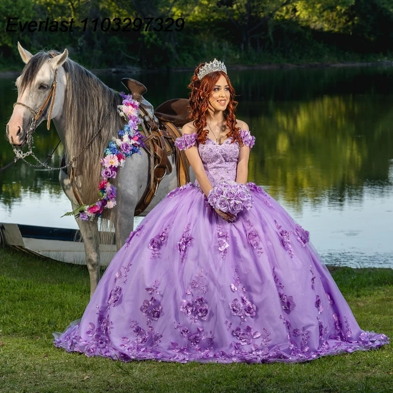 EVLAST Luxury Purple Quinceanera Dress Ball Gown 3D Floral Applique Beaded Mexican Corset Sweet 16 Vestidos De 15 Años TQD851