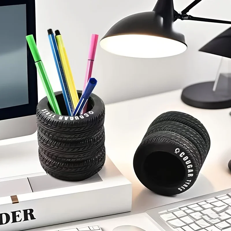 1pcs Fun Tire-Shaped Pen Holder -PVC Desk Organizer, Ideal for School and Office Supplies, Painted Finish, Office Supplies view 2