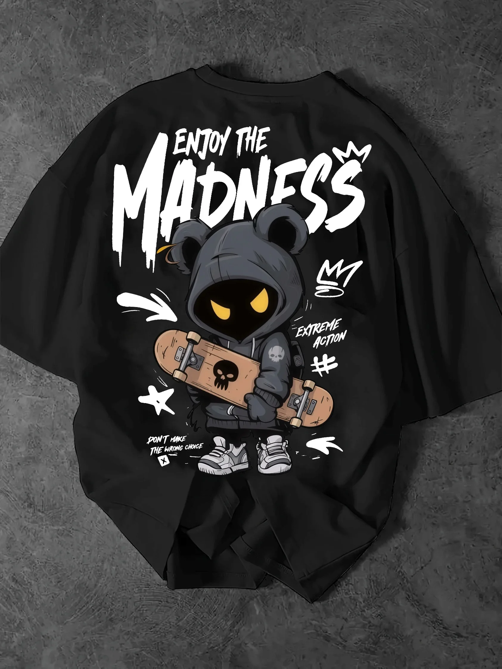 Enjoy Crazy Skateboard Bear Men's T-shirt Gothic Cartoon Double Sided Printed Street Top