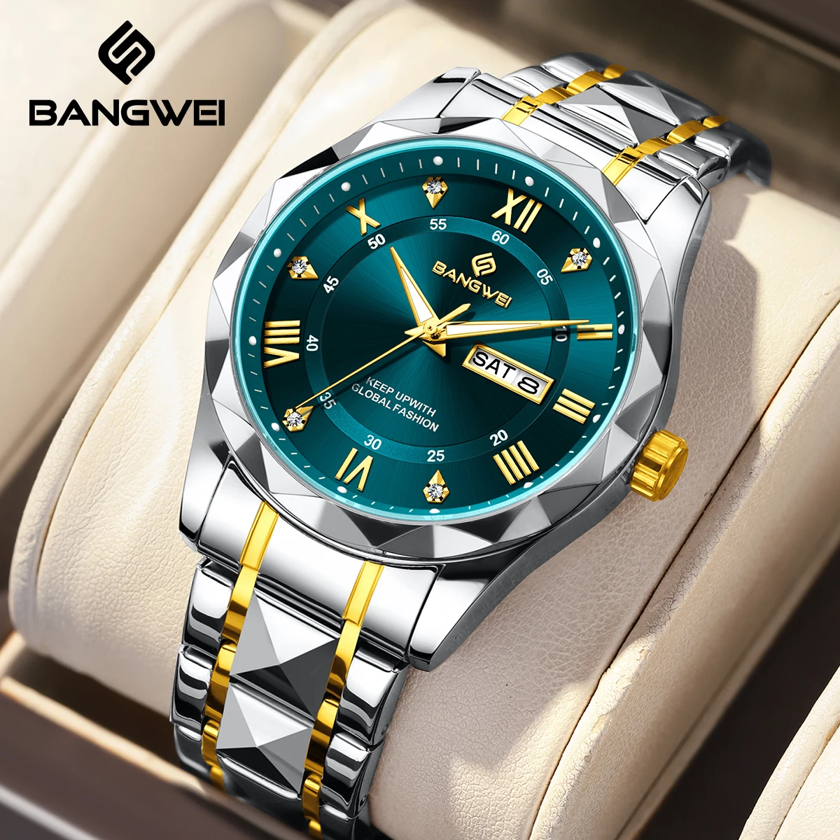 BangWei Top Brand Luxury Man Wristwatch Waterproof Luminous Date Week Men Watches Stainless Steel Quartz Men's Watch Male reloj